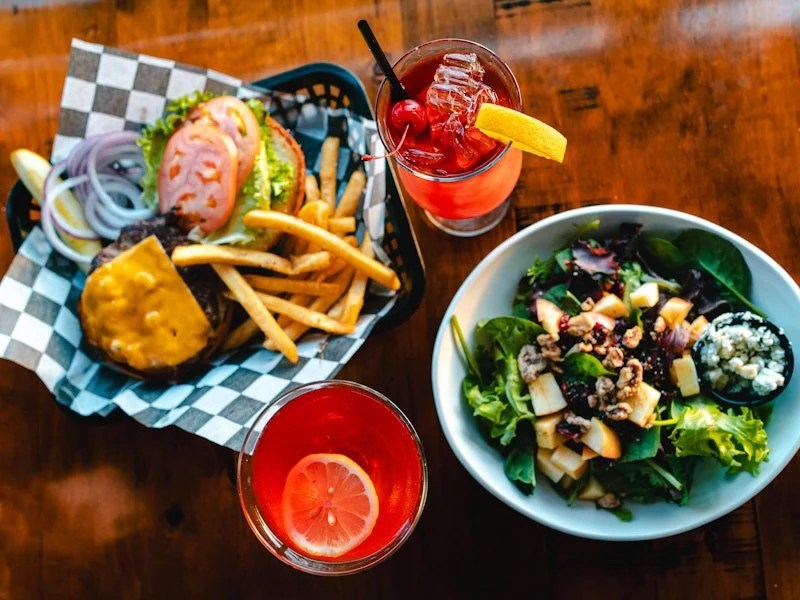 Burger, fries and salad at the Bar and Grill